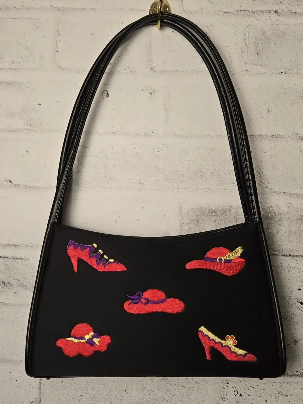Vintage Style Black Shoulder Bag Embroidered Shoes Hats Purse - Picture 6 of 10